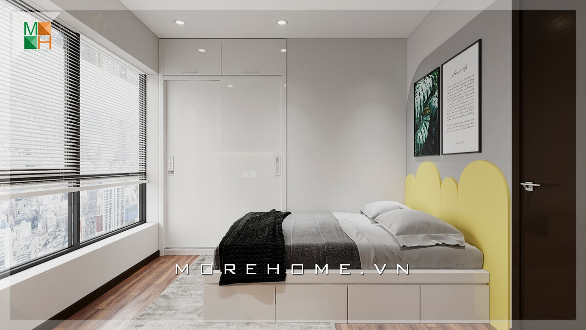 Mẫu giường ngủ khung gỗ hiện đại hướng ra phía cửa sổ thiết kế rộng, sắc vàng đầu giường nổi bật tạo điểm nhấn cho căn phòng ngủ chung cư. Thiết kế chung cư