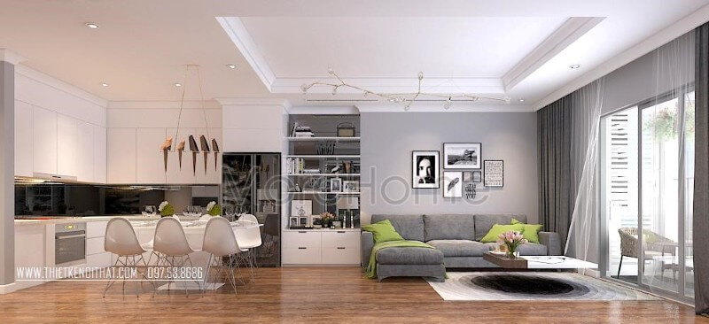 Tủ bếp chữ L được thiết kế hợp lí với phần bếp nấu và khu vực xơ chế rửa thực phẩm, thuận tiện hơn trong quá trình nấu nướng, dọn dẹp Thiết kế tủ bếp chung cư
