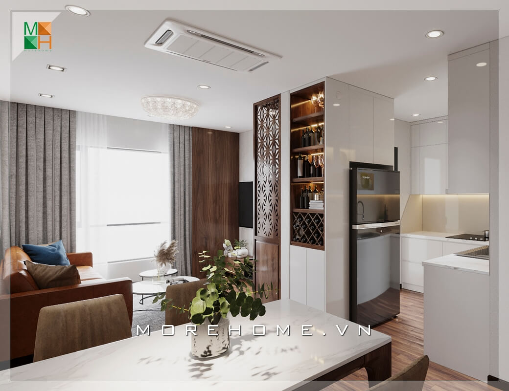 Thiết kế nội thất không gian nhà phố, chung cư đơn giản phong cách hiện đại. Phòng khách liền phòng ăn và phòng bếp, có tính liên kết hài hòa và tiện lợi phù hợp với không gian nhà có diện tích hạn chế. Thiết kế phòng bếp chung cư