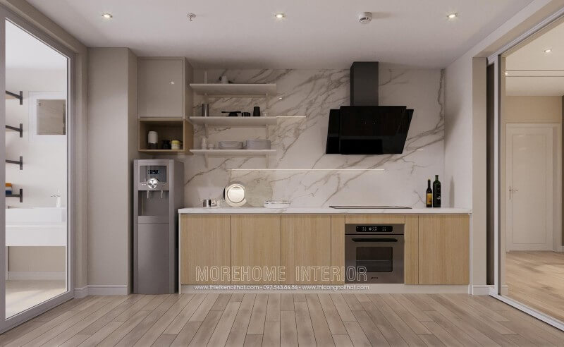 Tủ bếp gỗ công nghiệp MDF màu nâu sáng thiết kế nhiều ngăn hỗ trợ lưu chứa đồ đạc cho người nội trợ Thiết kế tủ bếp chung cư