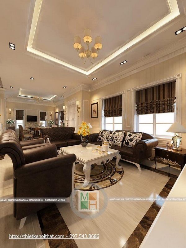 Sofa tân cổ điển bọc da màu nâu trầm sẽ làm nên sự khác biệt cho thiết kế phòng khách, tạo nên một cảm giác sang trọng.