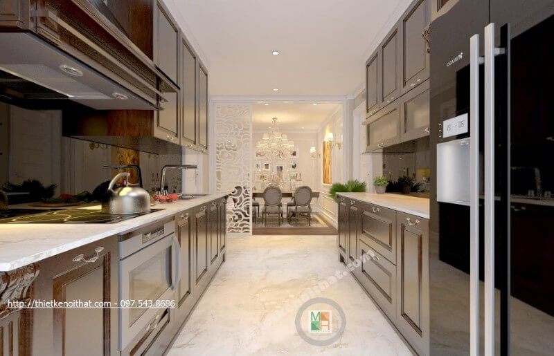 Đá ốp bếp màu trắng là một yếu tố đặc biệt góp phần tạo nên sự ấn tượng cho không gian phòng bếp.