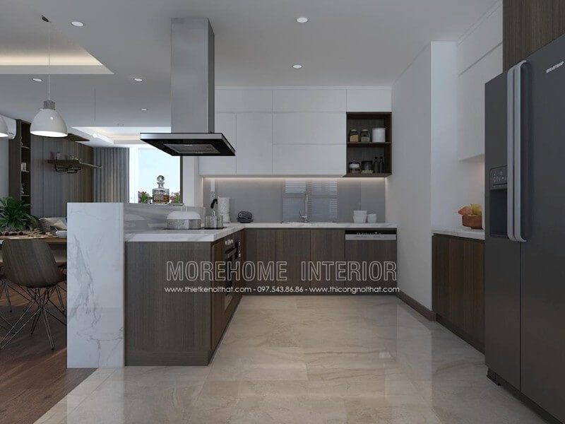 Thiết kế nội thất cho phòng bếp của căn hộ chung cư với các đồ nội thất được bố trí hợp lý và tiện dụng.
